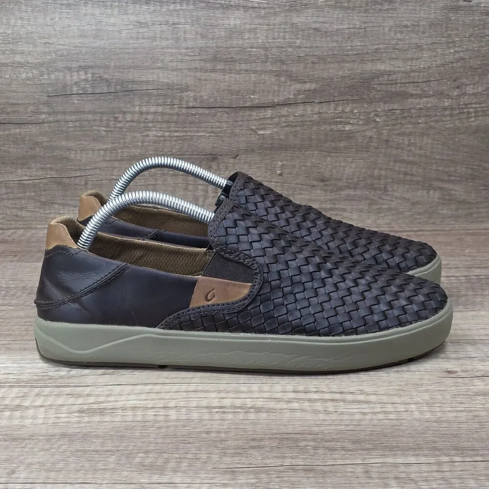 OluKai Lae'ahi Lauhala Men's Size 9M Brown Woven Leather Slip-On Casual Shoes